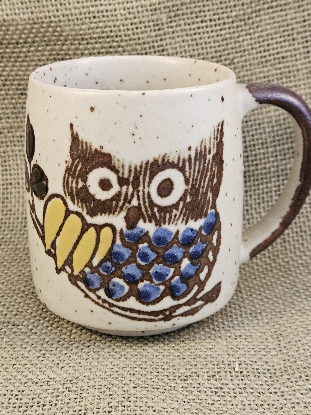 Vintage Handcrafted Pottery Cream Owl Ceramic Mug with Blue and Yellow Accents